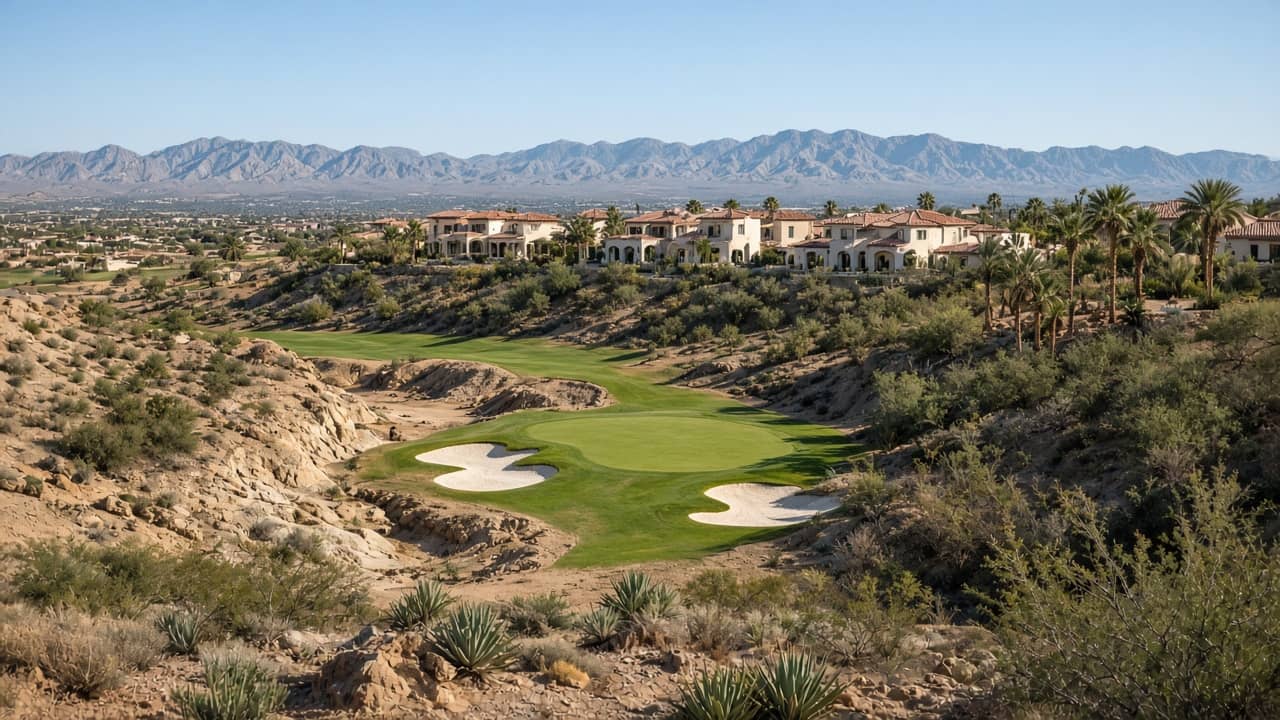 Canyon nine desert-elevation green with ridge homes at Spanish Trail Country Club, Las Vegas 89113