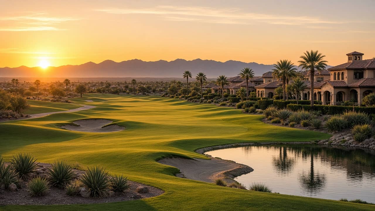 Sunrise nine at Spanish Trail Country Club with fairway homes at first light, Las Vegas 89113