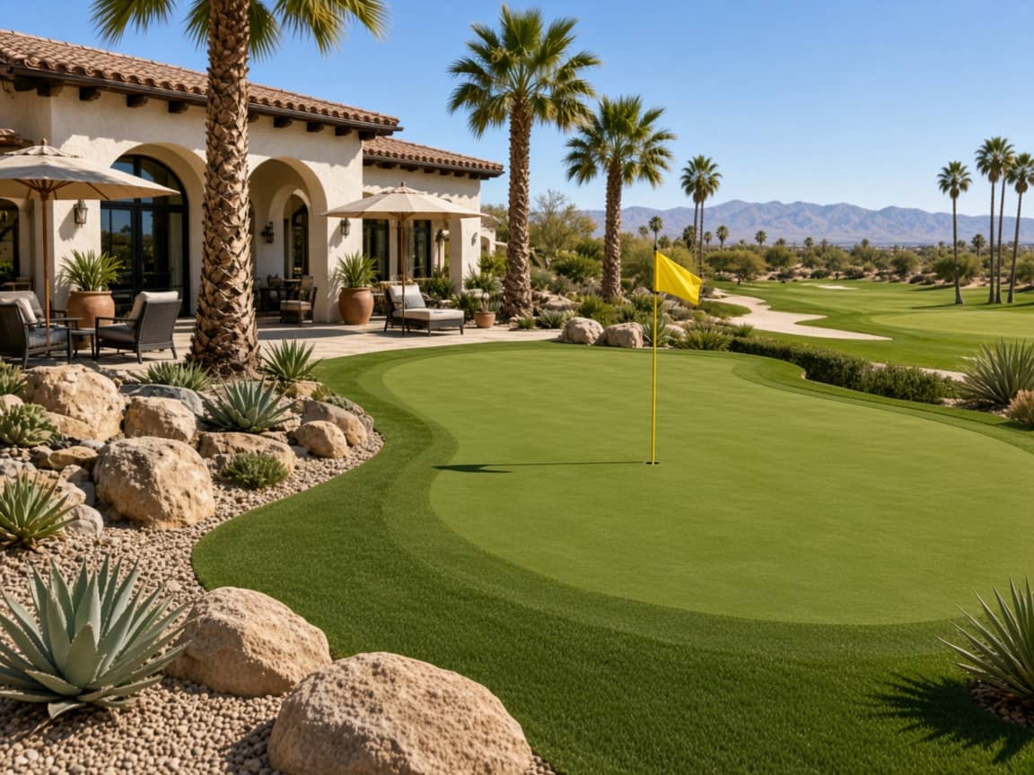 Private putting green with date palms and agave behind a Spanish Trail Las Vegas golf home