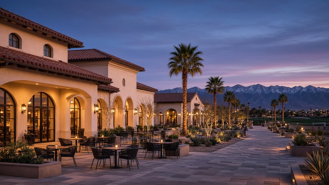 Twilight patio and Mediterranean retail buildings near Spanish Trail in southwest Las Vegas 89113