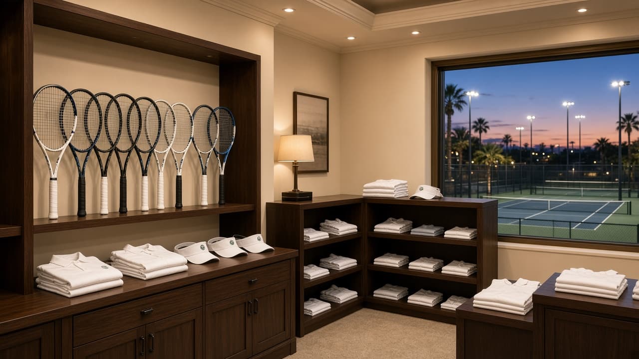 Spanish Trail Country Club tennis pro shop with racquets and a view of lighted courts in Las Vegas