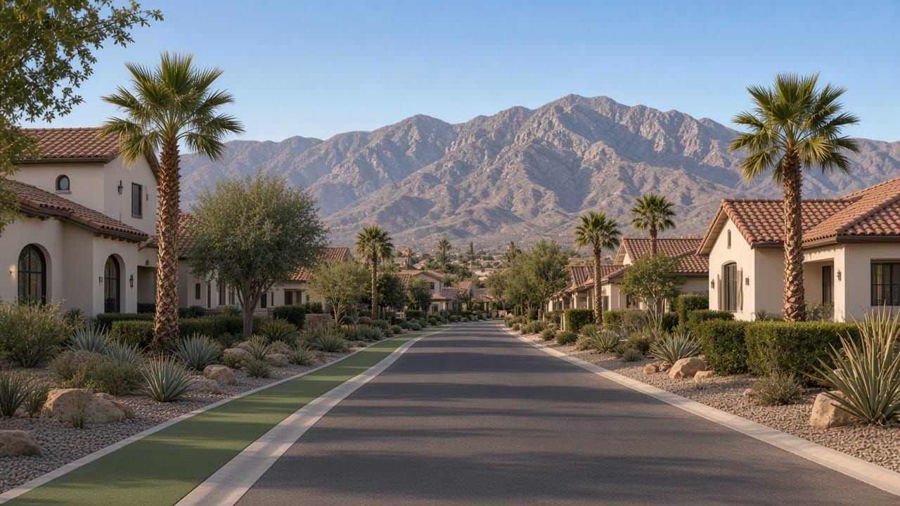 Quiet street of single-family and villa homes in Plum Creek at Spanish Trail, Las Vegas 89113