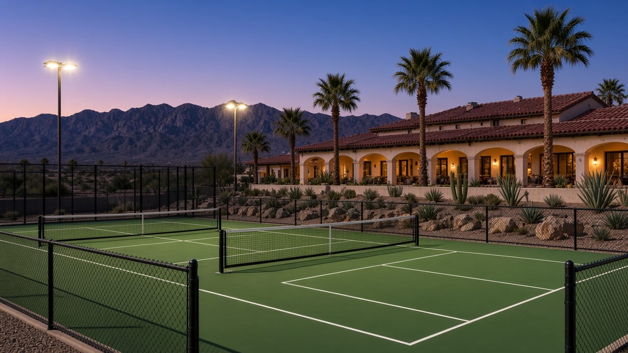 Lighted tennis courts beside the Mediterranean clubhouse at Spanish Trail Country Club in Las Vegas 89113
