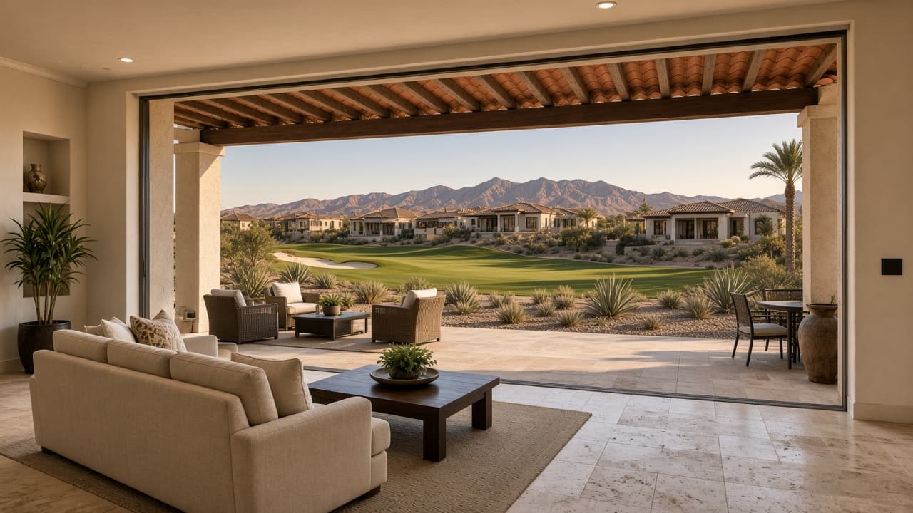 Golf-ridge great room opening to Carmel fairway homes in The Carmels at Spanish Trail, Las Vegas 89113