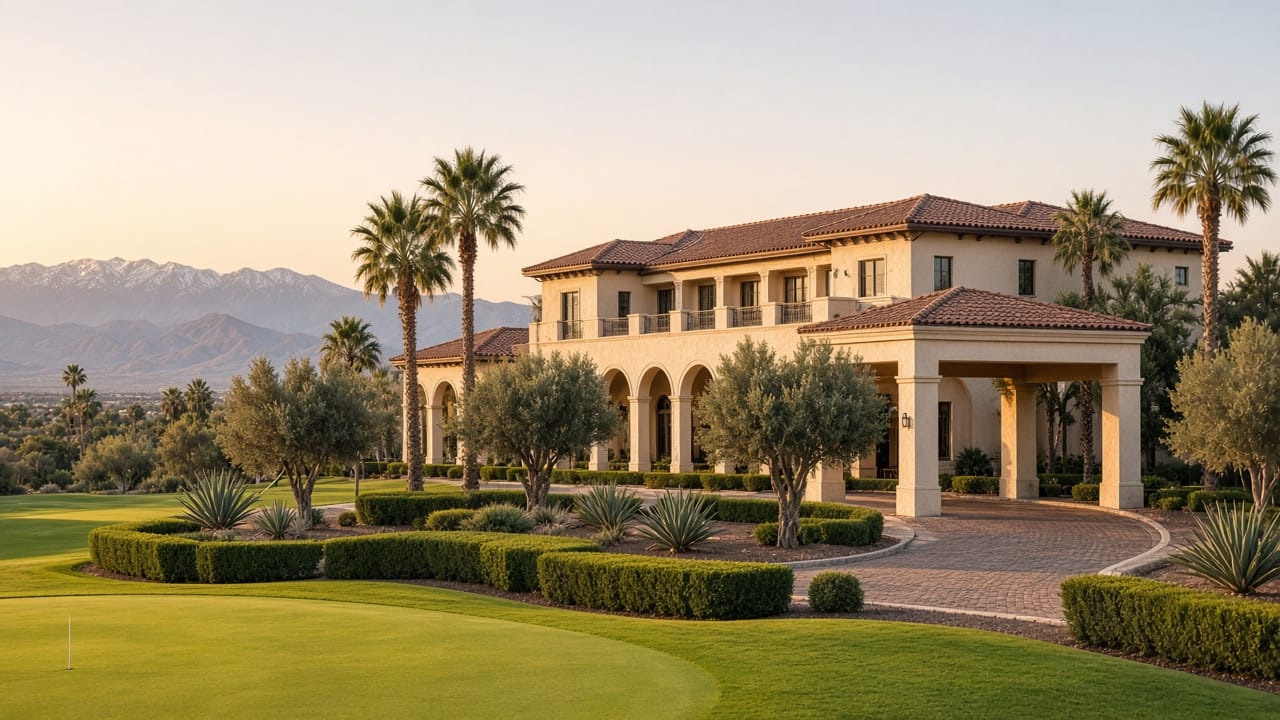 Two-story Mediterranean Spanish Trail Country Club clubhouse, porte-cochere, and putting green in Las Vegas 89113