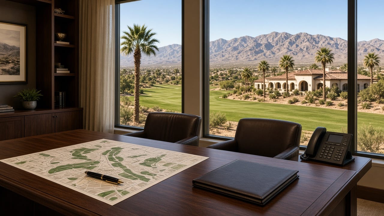 Professional Spanish Trail real estate office at 5050 Spanish Trail Ln with a community map and golf-course view in Las Vegas 89113