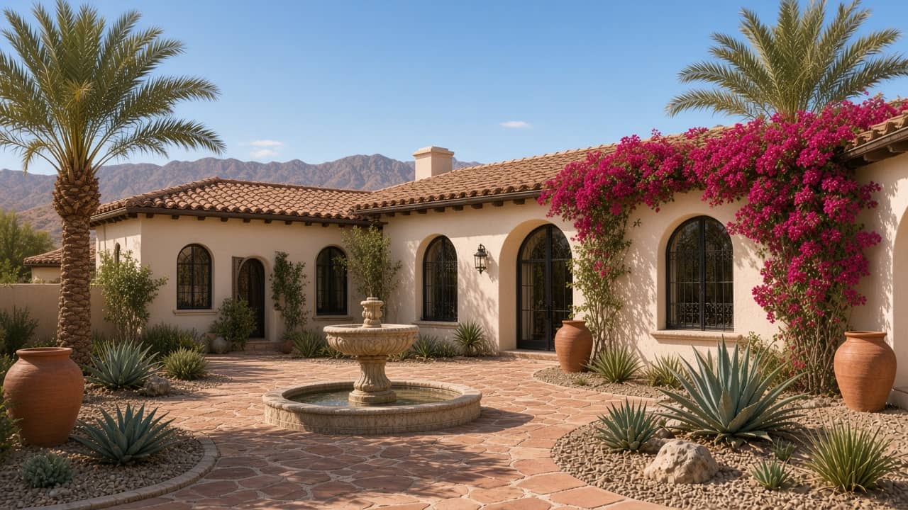 Lock-and-leave courtyard home with fountain and bougainvillea in The Courtyards at Spanish Trail, Las Vegas 89113