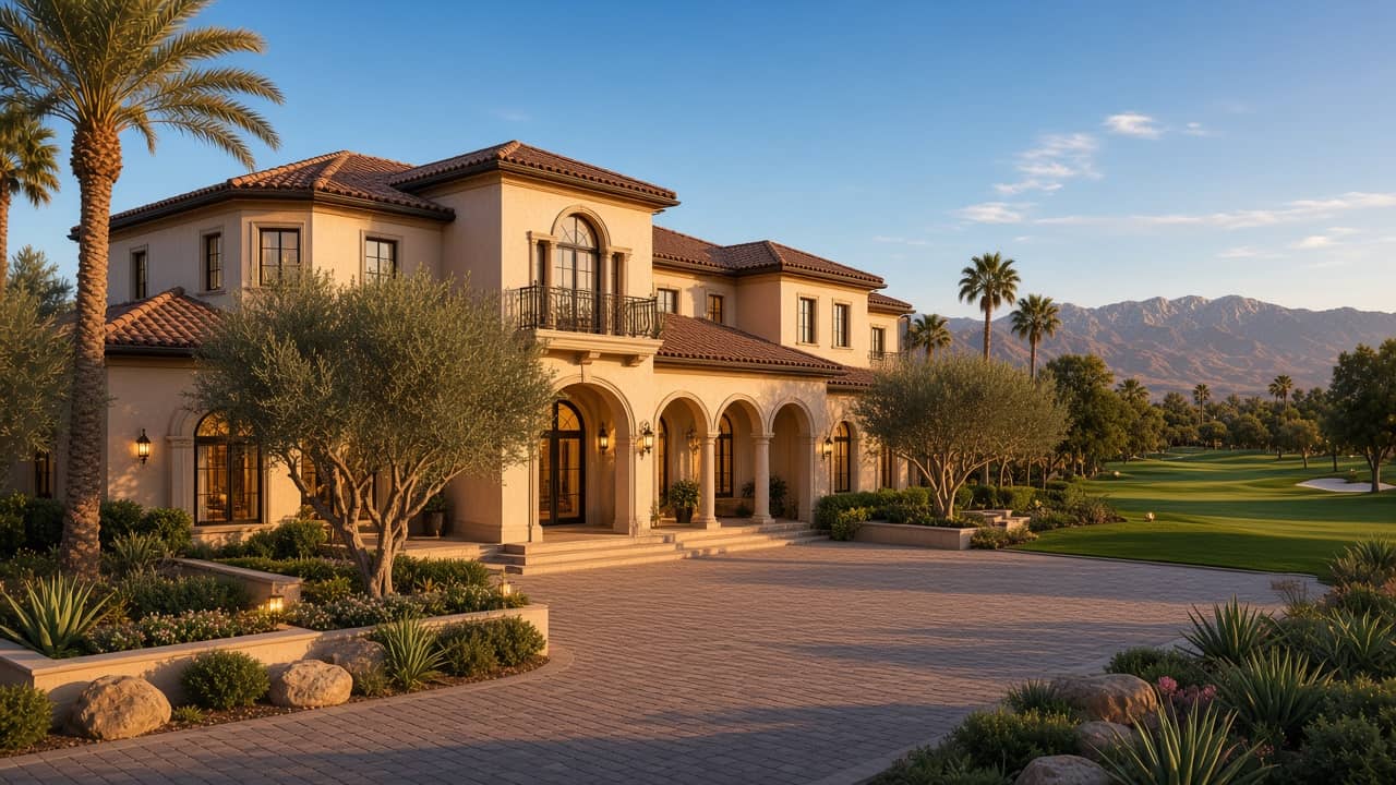 Custom golf-course estate with a paver motor court in The Estates at Spanish Trail, Las Vegas 89113