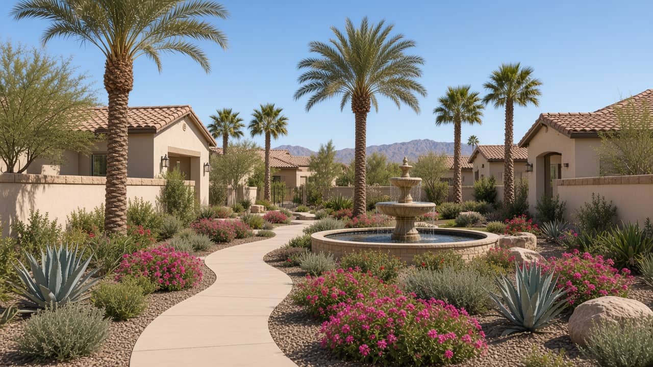 Garden greenbelt, fountain, and patio homes in The Gardens at Spanish Trail, Las Vegas 89113