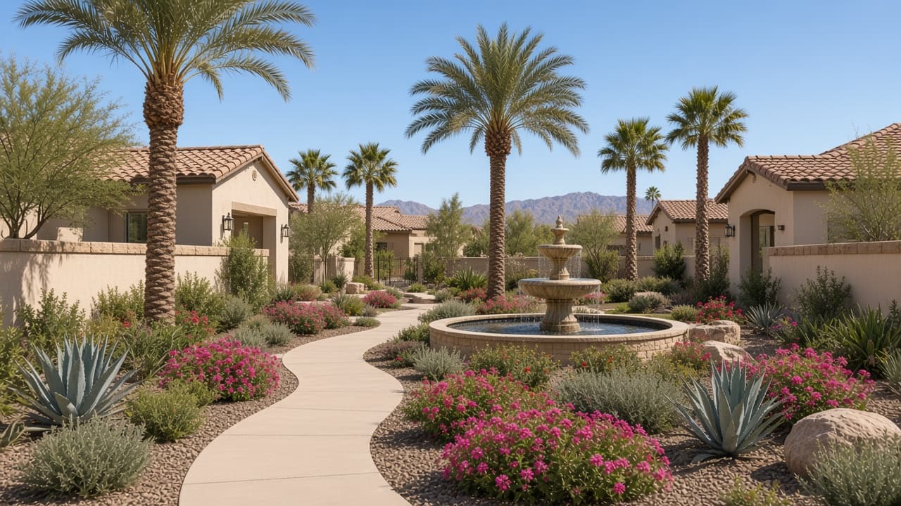 Garden greenbelt, fountain, and patio homes in The Gardens at Spanish Trail, Las Vegas 89113