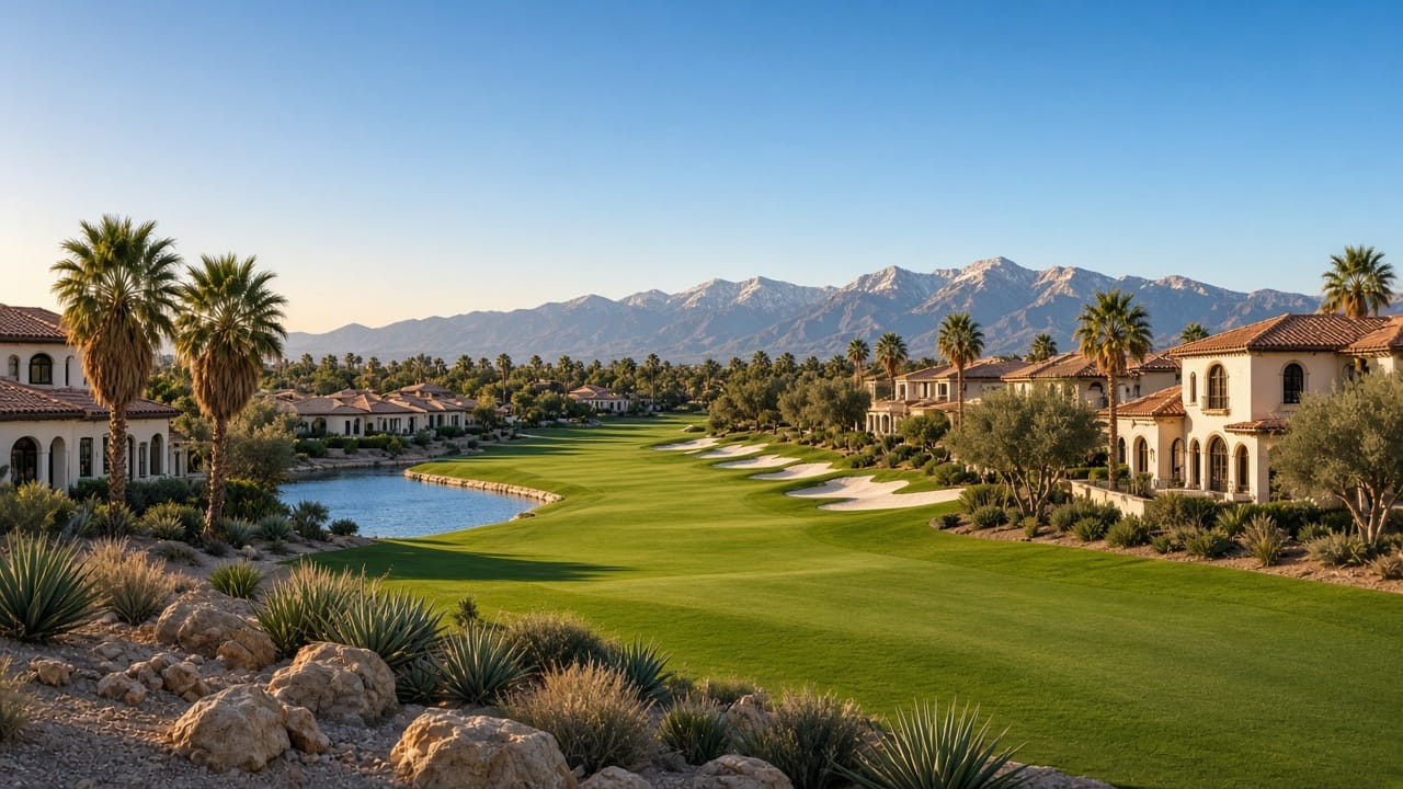 Spanish Trail homes lining a private 27-hole golf fairway, bunkers, and lake in Las Vegas 89113