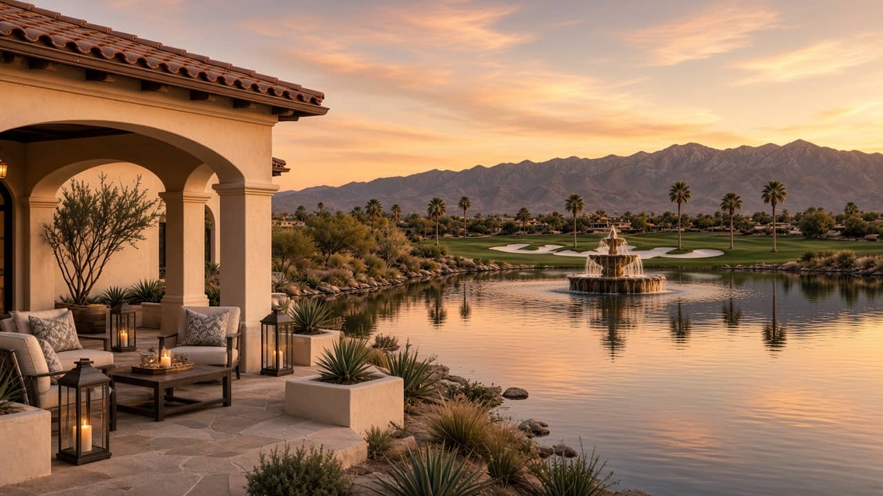 Water-oriented golf-home patio on a Spanish Trail lake in The Islands, Las Vegas 89113