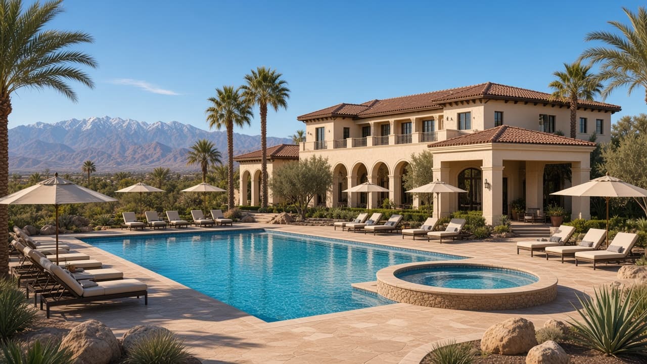 Rectangular Spanish Trail Country Club resort pool, spa, and two-story clubhouse in Las Vegas 89113