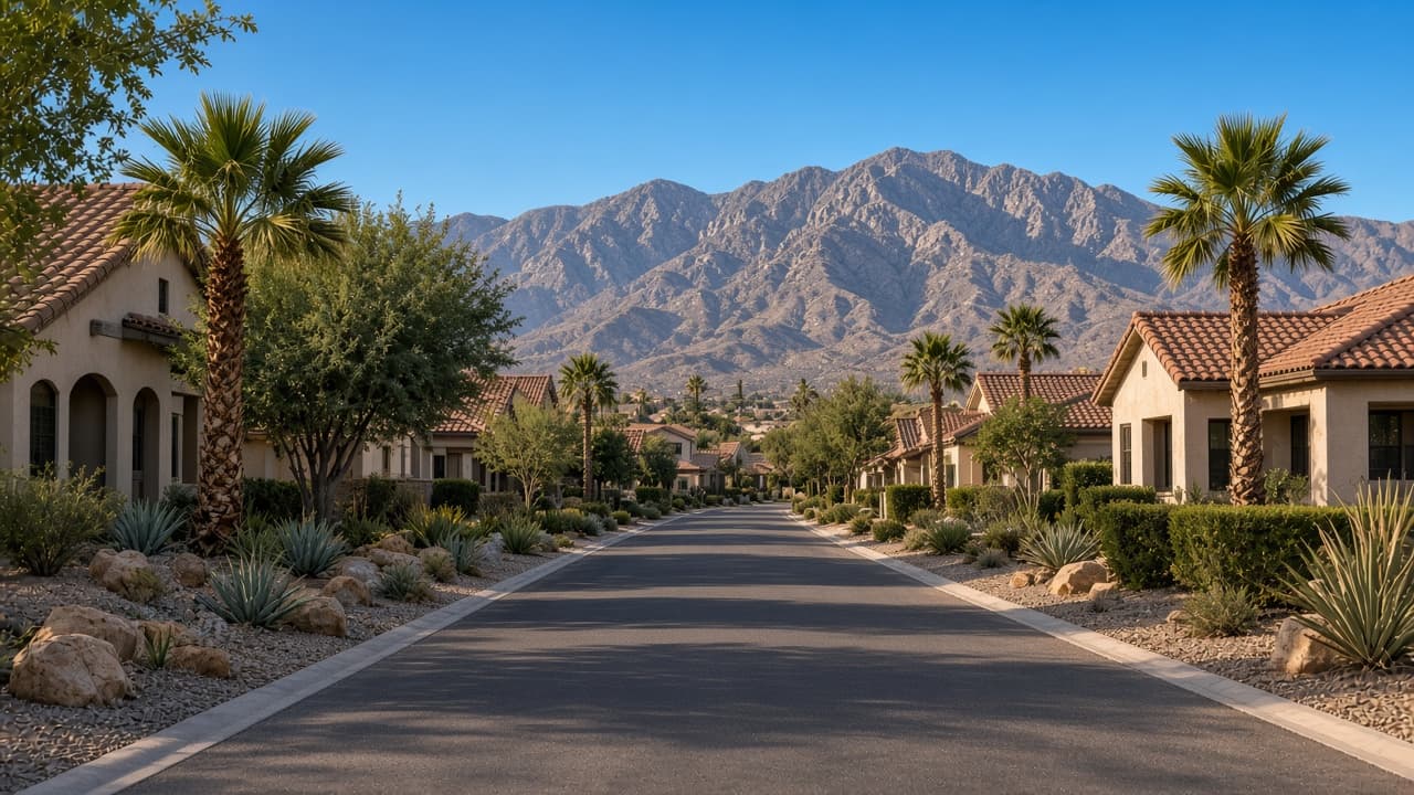 Tree-lined street of three-to-five-bedroom homes in Springs at Spanish Trail, Las Vegas 89113