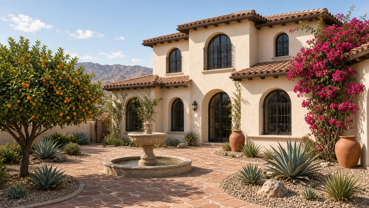 Lock-and-leave Spanish Trail villa courtyard with fountain, bougainvillea, and desert sky in Las Vegas 89113