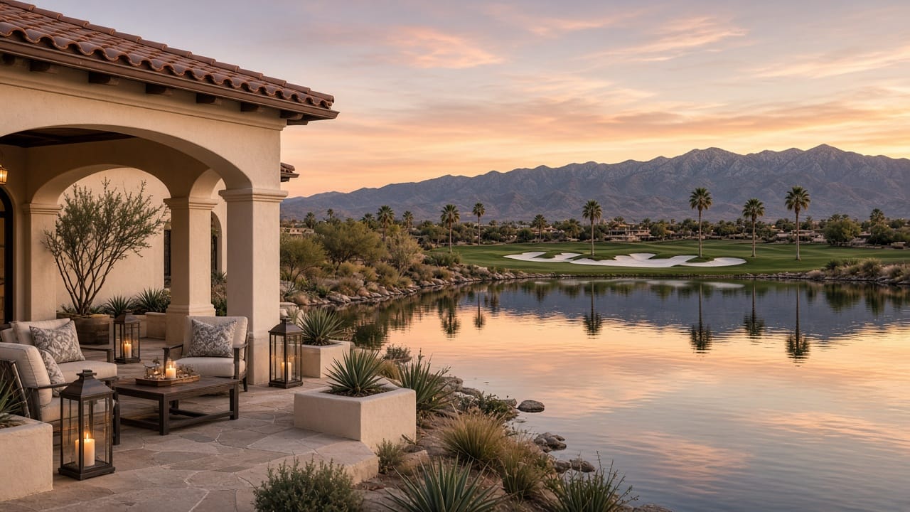 Waterfront golf-course home patio on a Spanish Trail lake at sunset, Las Vegas 89113