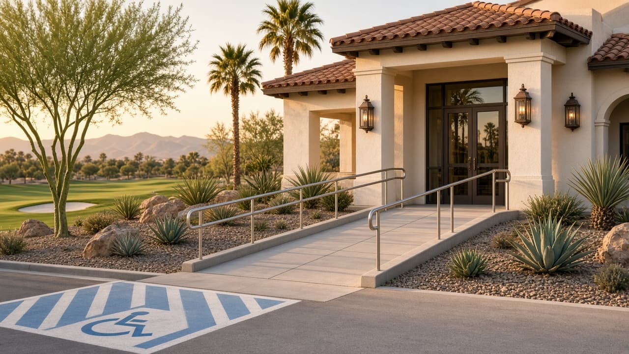 Wheelchair-accessible ramp, ADA parking stall, and level entrance at Spanish Trail Country Club in Las Vegas 89113