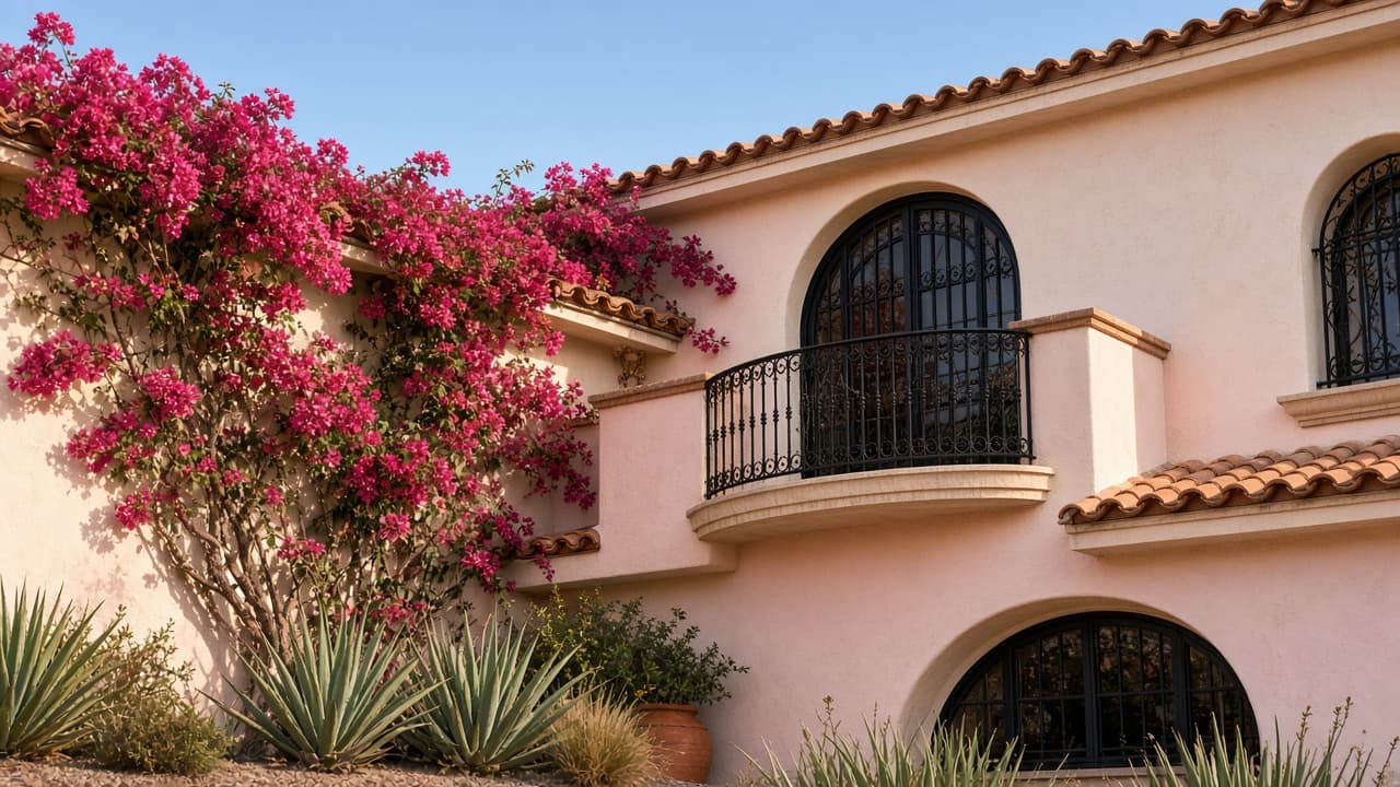 Mediterranean cream stucco architecture of a Spanish Trail Las Vegas luxury home