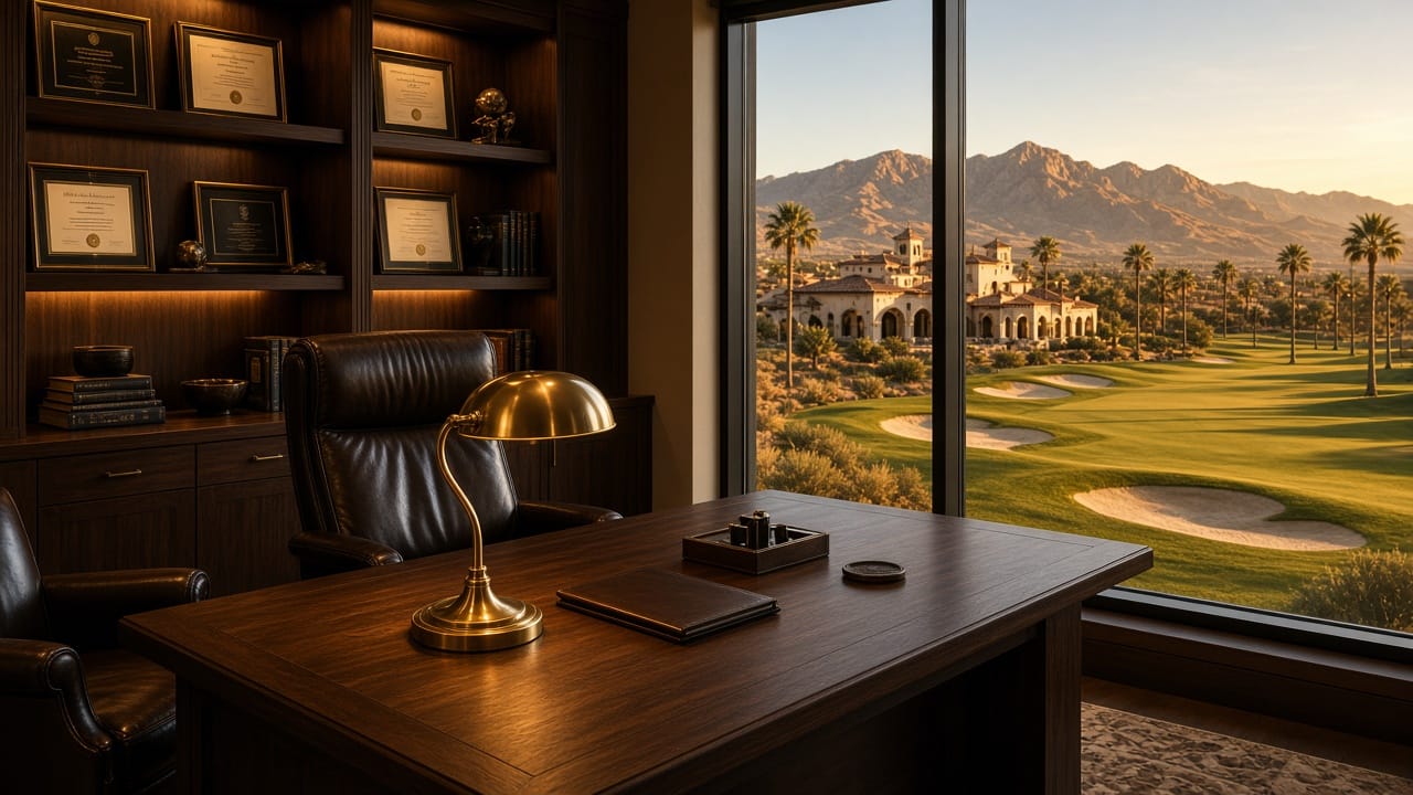 Professional study overlooking desert golf and palms for Spanish Trail luxury real estate advisory in Las Vegas 89113