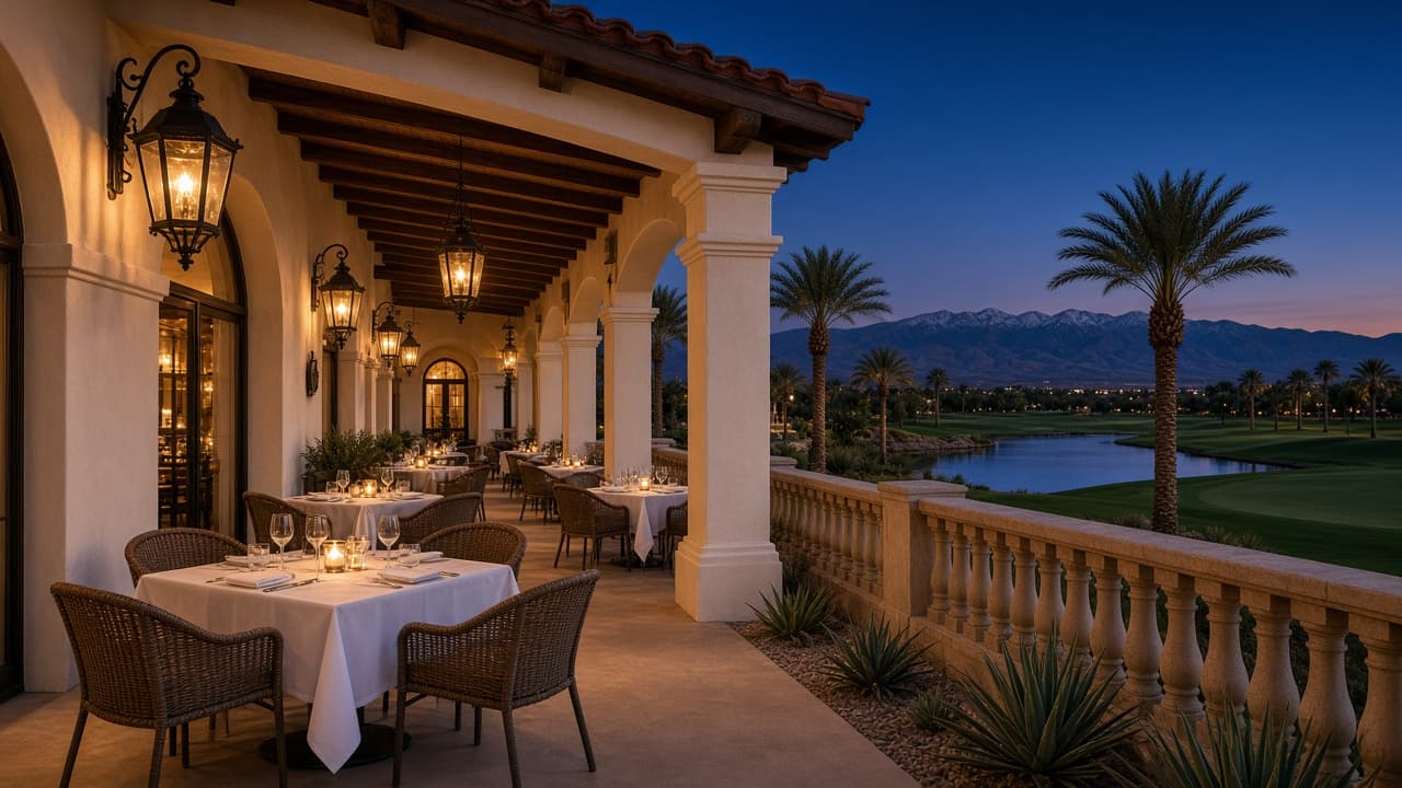 Spanish Trail Country Club dining terrace overlooking a desert golf lake in Las Vegas 89113