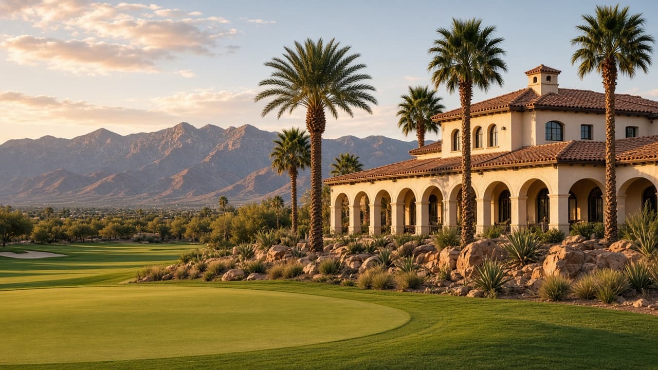 Mediterranean Spanish Trail Country Club clubhouse colonnade and golf green at golden hour in Las Vegas 89113