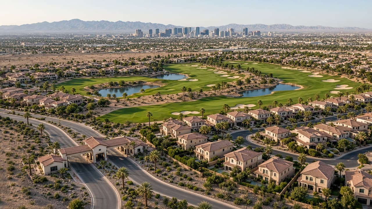Aerial of Spanish Trail guard-gated golf streets, fairways, and homes in southwest Las Vegas 89113