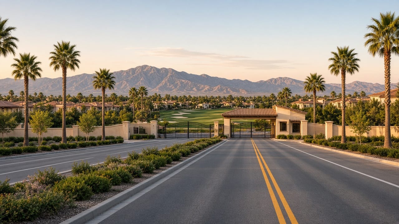 Palm-lined boulevard approaching the Spanish Trail guard gates from Tropicana and Rainbow in Las Vegas 89113