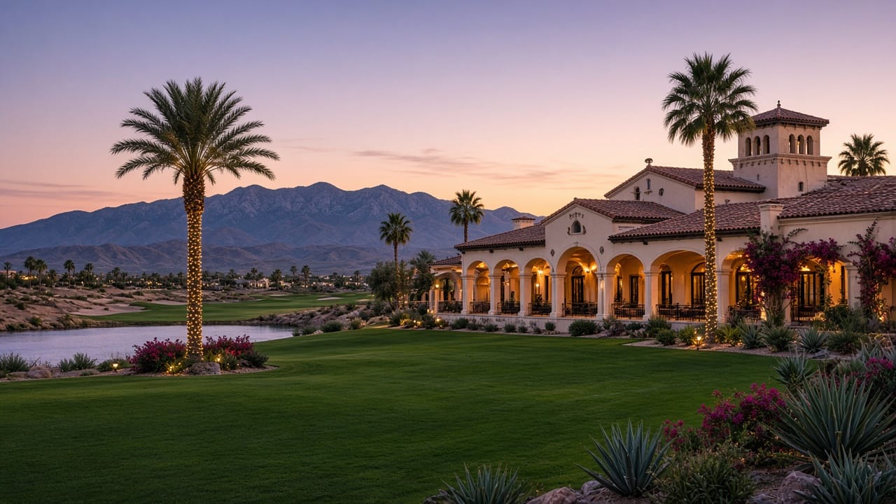 Spanish Trail Country Club event lawn and clubhouse at twilight in Las Vegas 89113
