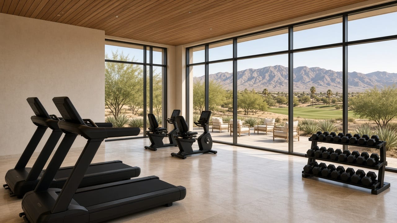 Spanish Trail Country Club desert fitness studio with golf-fairway and Spring Mountains views in Las Vegas 89113