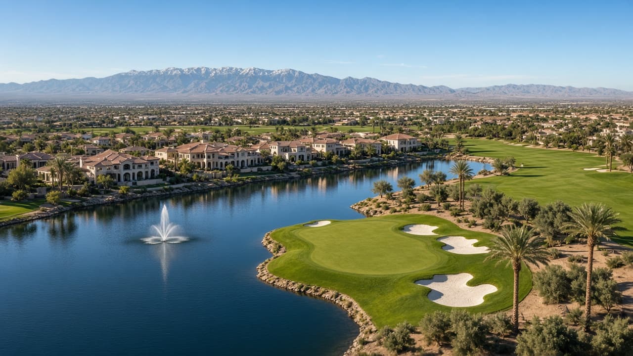 Lakes nine water hazard, fountain, and golf-front homes at Spanish Trail Country Club, Las Vegas