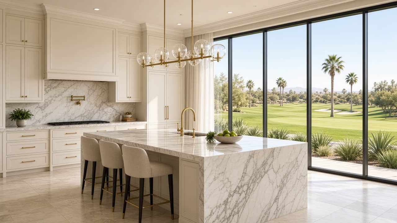 Luxury kitchen overlooking a Spanish Trail golf fairway in Las Vegas