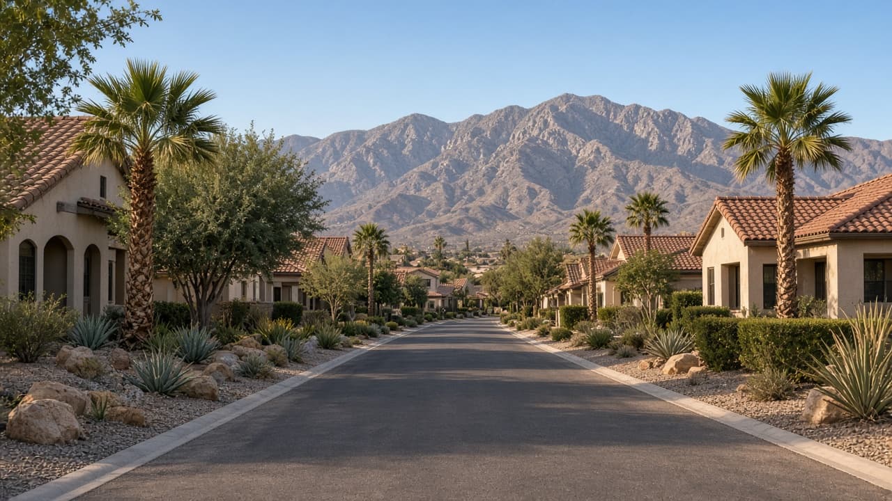 Desert-landscaped street of clay-tile Mediterranean homes inside Spanish Trail, Las Vegas 89113