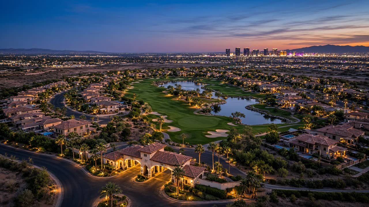 Aerial view of Spanish Trail guard-gated golf community streets and fairways in Las Vegas 89113
