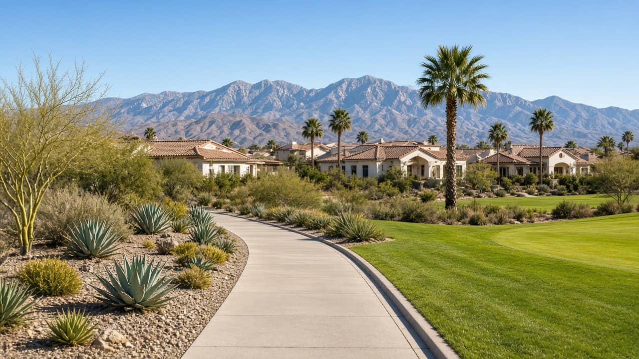 HOA greenbelt walking path with desert landscaping and golf turf inside Spanish Trail, Las Vegas 89113