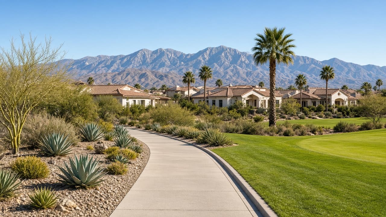 HOA greenbelt walking path with desert landscaping and golf turf inside Spanish Trail, Las Vegas 89113