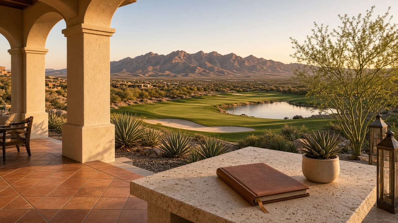 Spanish Trail Country Club terrace overlooking desert golf and palms in Las Vegas 89113