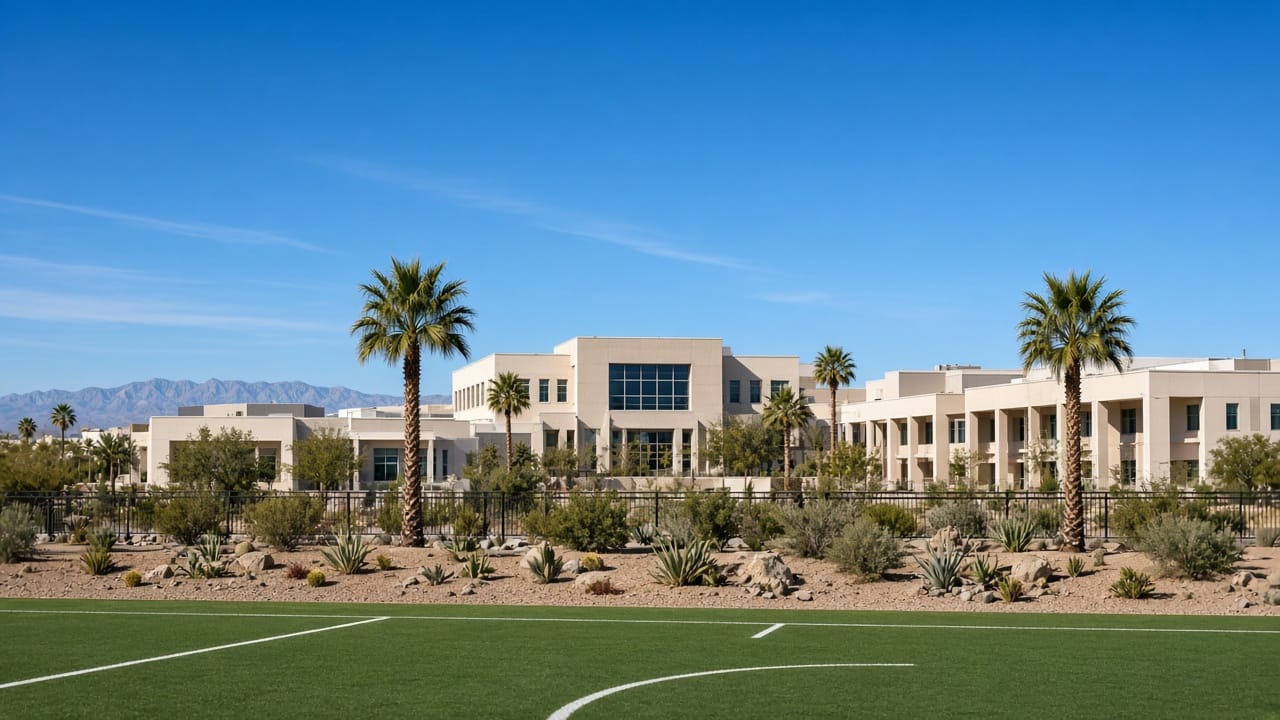 Desert campus architecture and athletic field near Spanish Trail Las Vegas 89113