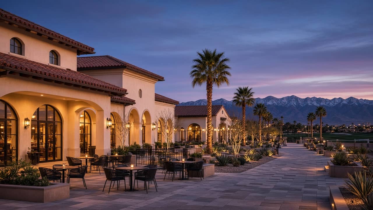 Twilight patio and Mediterranean retail buildings near Spanish Trail in southwest Las Vegas 89113