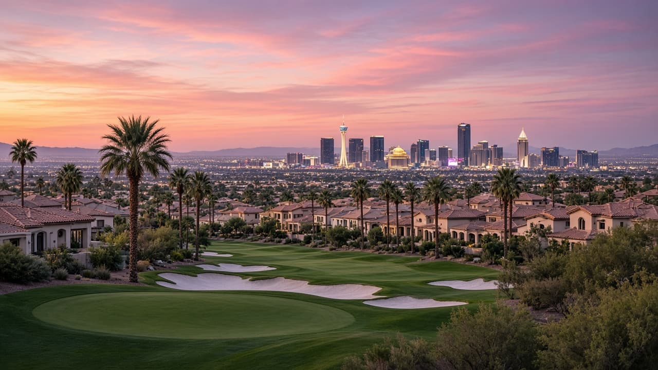 Las Vegas Strip skyline from Spanish Trail golf fairways and clay-tile homes in southwest 89113