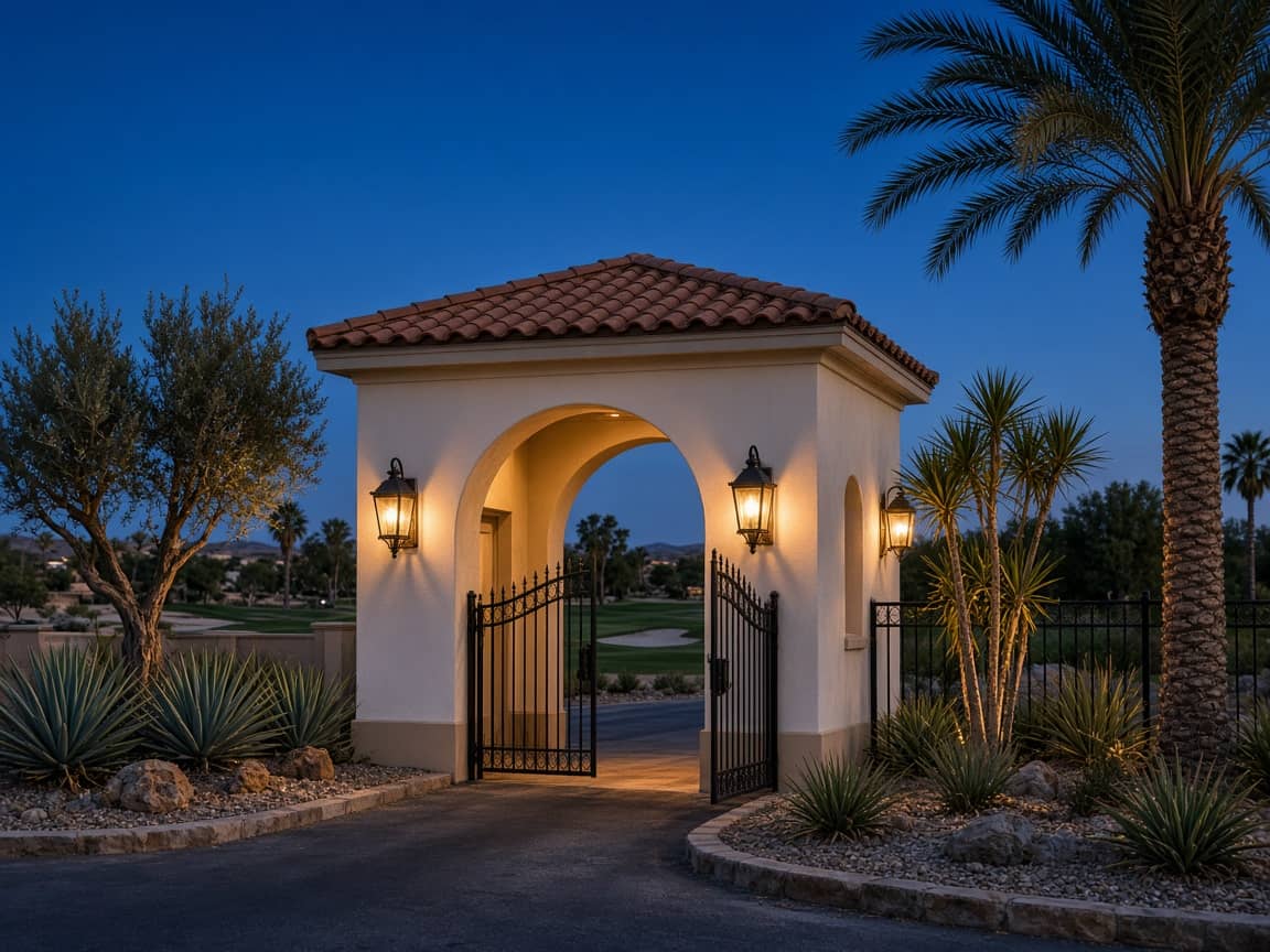 Desert-landscaped secondary gatehouse inside Spanish Trail, Las Vegas guard-gated community