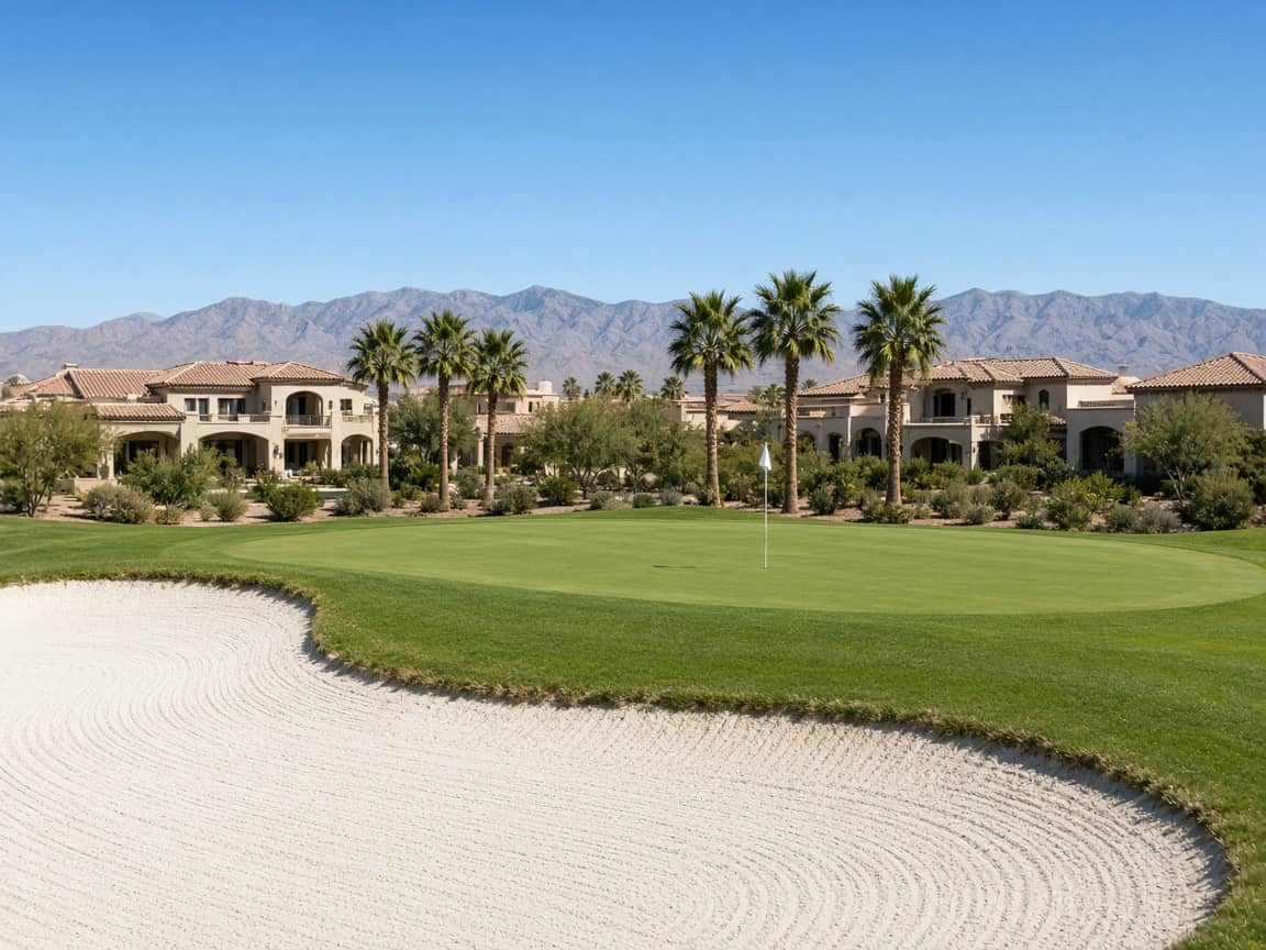 Raked sand bunker and green in front of Spanish Trail Las Vegas golf-course homes