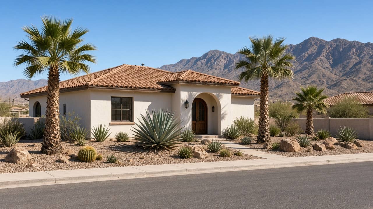 Single-story desert golf-neighborhood home on a Spanish Trail Las Vegas street