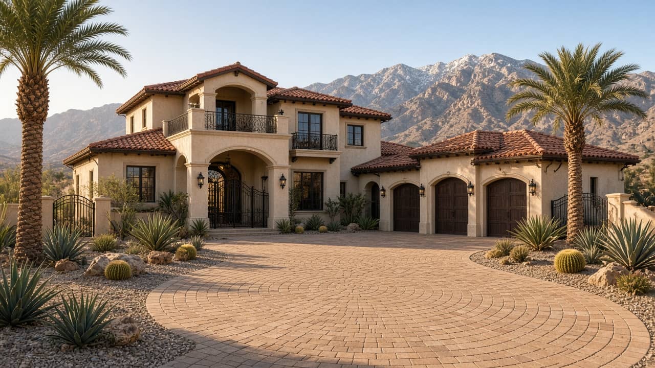Paver motor court of a custom Mediterranean estate inside Spanish Trail, Las Vegas 89113