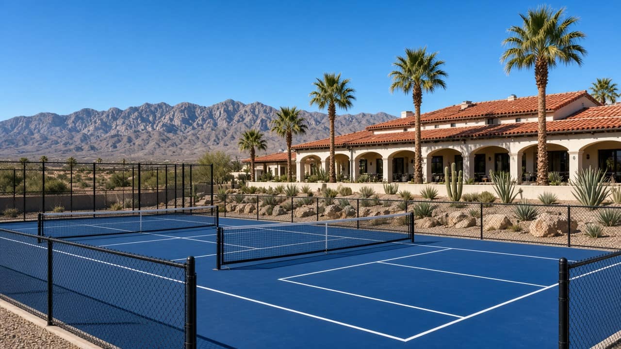 Pickleball courts beside the Mediterranean clubhouse at Spanish Trail Country Club in Las Vegas 89113