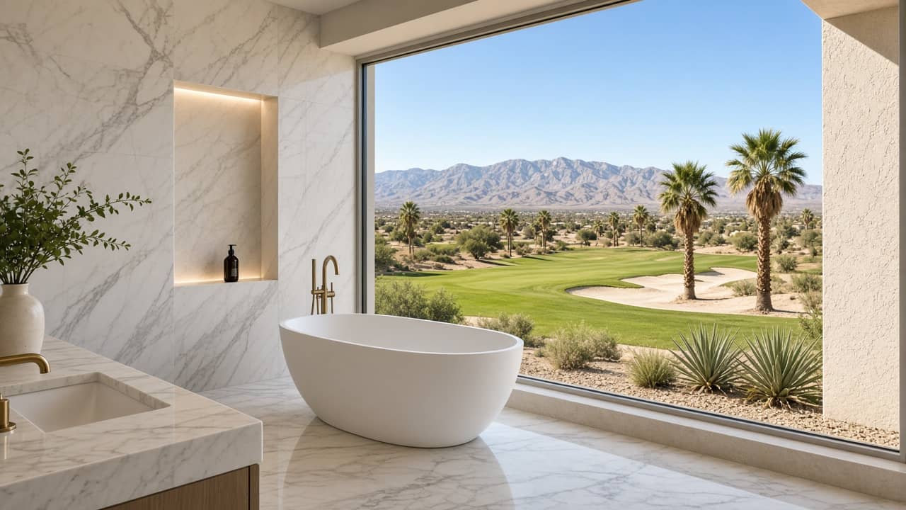 Spa bath with a desert golf-course view in a Spanish Trail Las Vegas luxury home