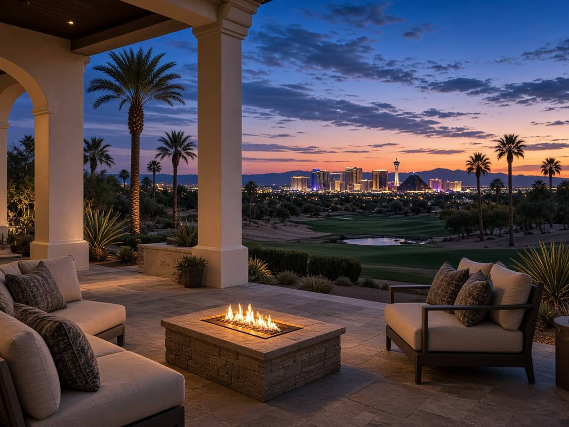 Twilight Mediterranean patio with Las Vegas Strip horizon from a Spanish Trail golf home