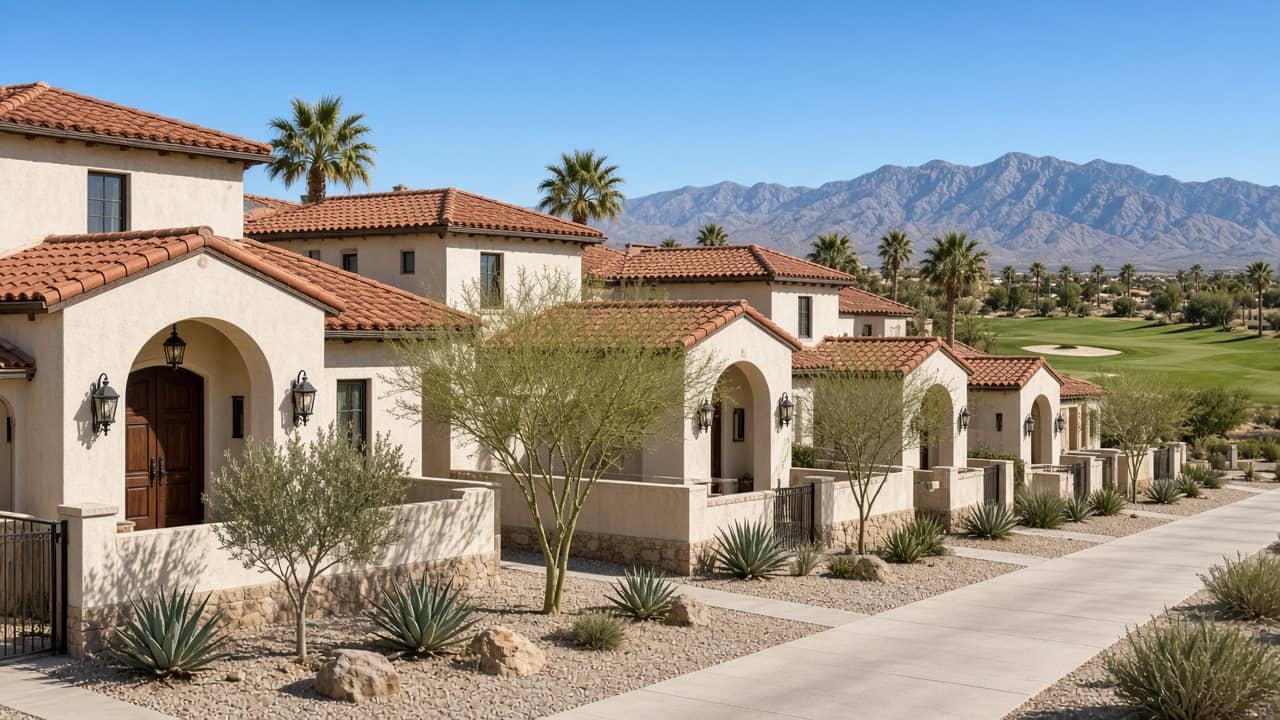 Spanish Trail Las Vegas townhome villas with clay-tile roofs, desert courtyards, and golf-course backdrop